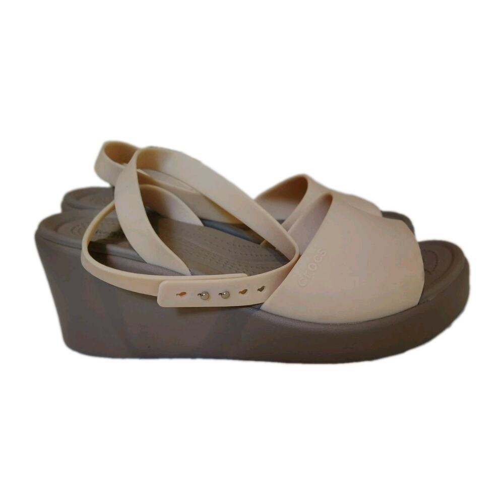 Crocs Brooklyn Women Wedge Sandals Size 10 Tan/Beige Ankle Strap Open Toe - Picture 7 of 9